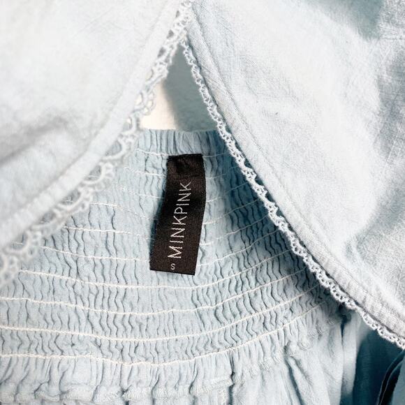 MINKPINK Cross Wrap Tie Backless Halter Romper Linen Blend Chambray Blue Size S - Picture 3 of 6